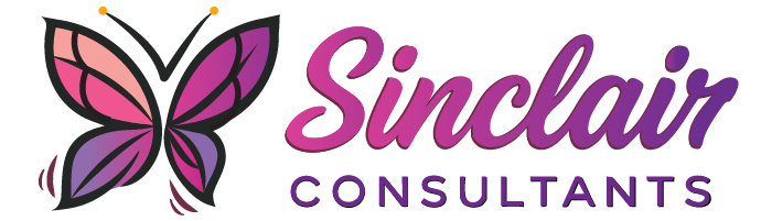 Sinclair Consultants logo in purple and pink, butterfly icon on the left